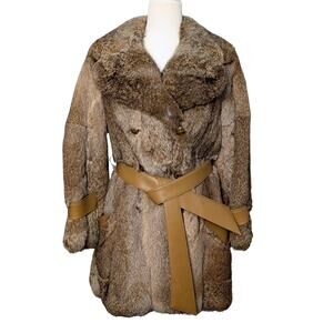 100% Genuine Rabbit Fur Mid-Length Belted Jacket - Size L